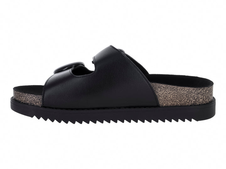 Sandalias negras para mujer con dos hebillas y suela track dentada.