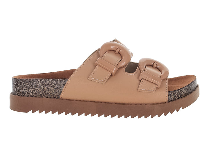 Sandalias Moleca color nude con plataforma gruesa y hebillas decorativas.