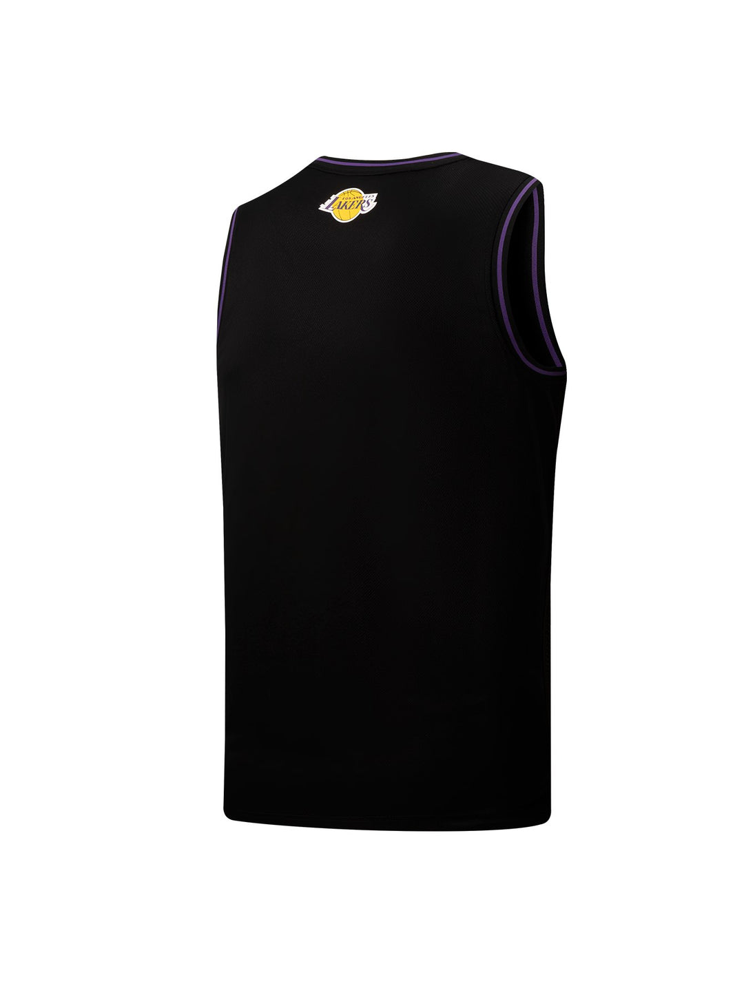 Jersey de basquetbol color negro con detalles morados y logotipo de los Lakers en el pecho.
