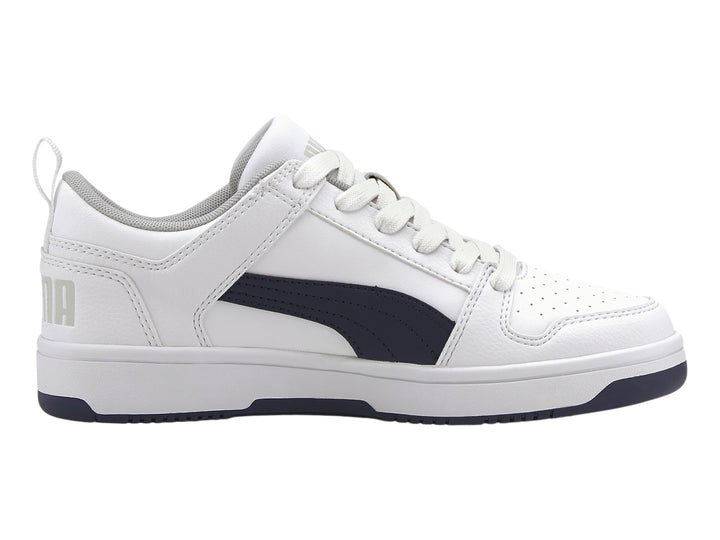 Tenis PUMA Rebound Layup Lo SL Blanco y Azul Marino para Niño