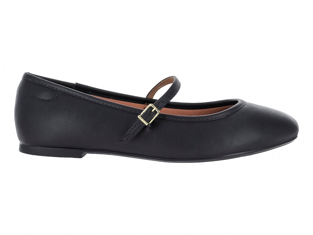 Zapato plano negro estilo Mary Jane con correa y hebilla dorada.
