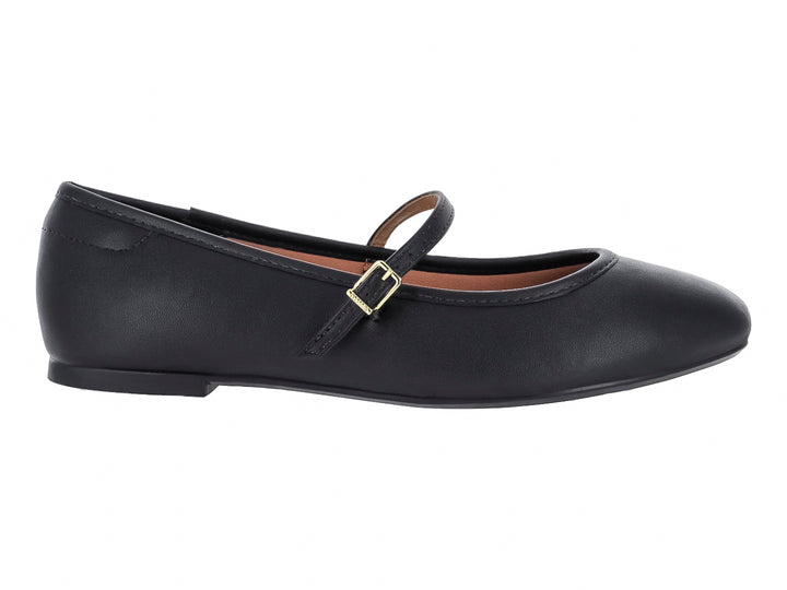 Zapato plano negro estilo Mary Jane con correa y hebilla dorada.