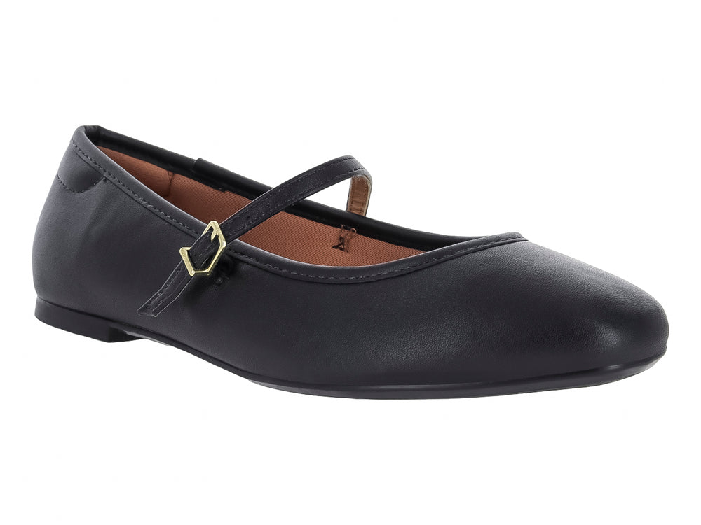 Zapato plano negro estilo Mary Jane con correa y hebilla dorada.