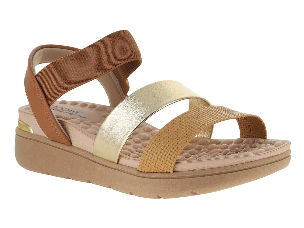 Sandalia de plataforma Modare en colores arena, camel y dorado con plantillas acolchadas.