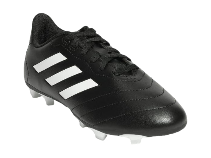 Zapato de fútbol Adidas Goletto VIII color negro con rayas y tacos en color blanco.