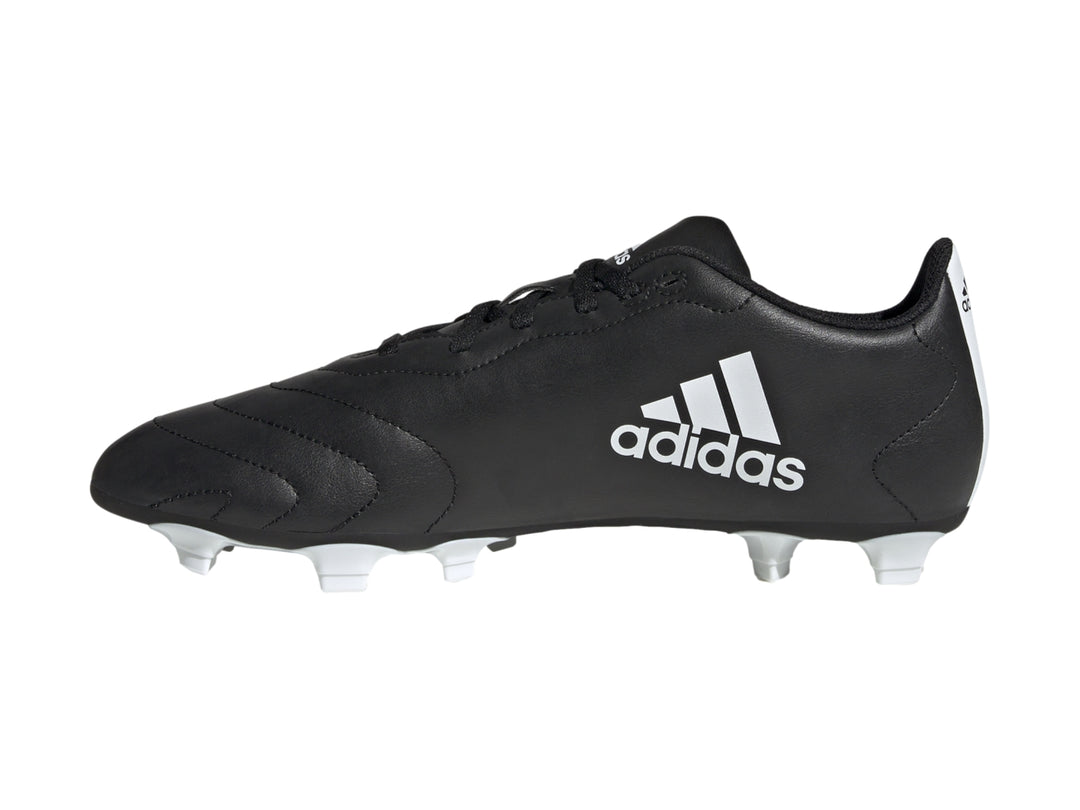 Zapato de fútbol Adidas Goletto VIII en color negro con tres franjas blancas y tacos blancos.