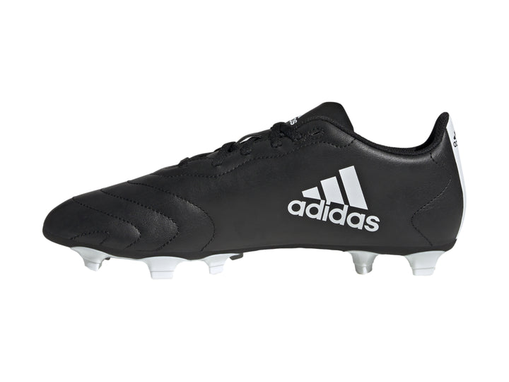 Zapato de fútbol Adidas Goletto VIII en color negro con tres franjas blancas y tacos blancos.