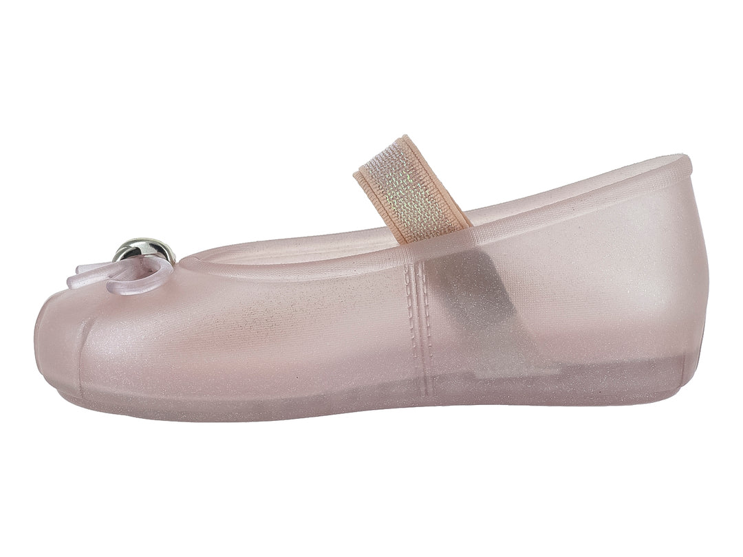 Zapato tipo balerina Mini Melissa en color rosa brillante con detalle de moño en la punta.