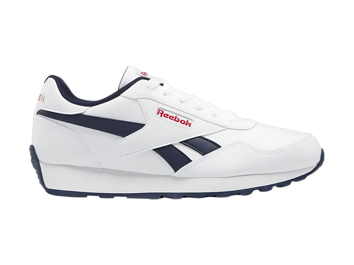 Tenis deportivos Reebok blancos con detalles en azul marino y rojo para niños.