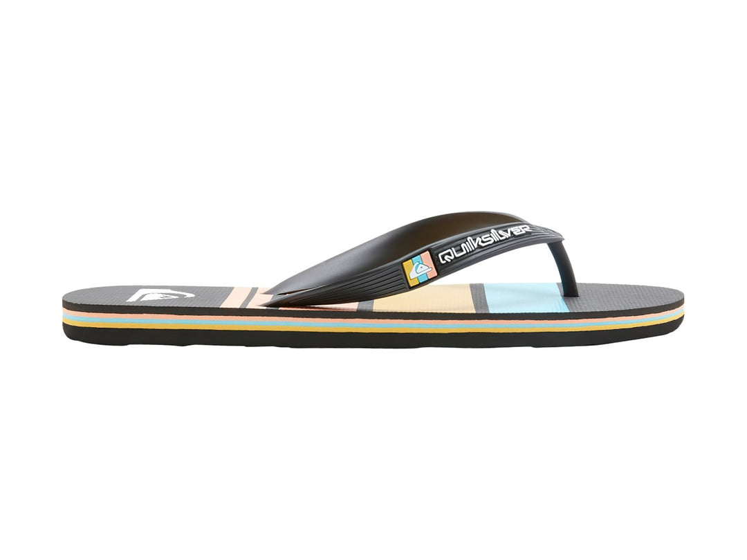 Sandalias negras Quiksilver con suela a rayas en colores azul y amarillo.