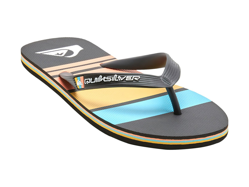 Sandalias negras Quiksilver con suela a rayas en colores azul y amarillo.