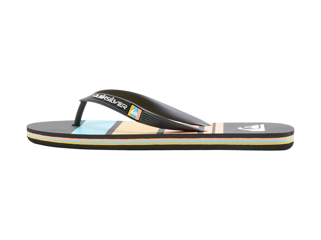 Sandalias negras Quiksilver con suela a rayas en colores azul y amarillo.