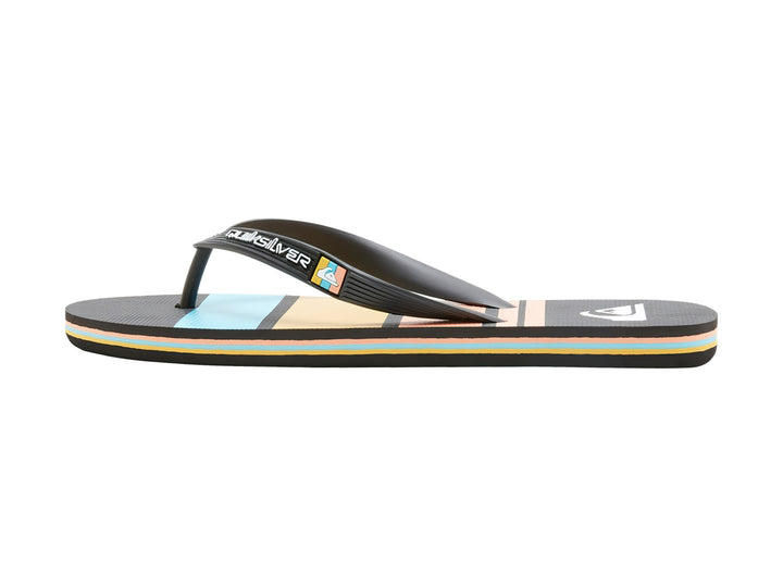 Sandalias negras Quiksilver con suela a rayas en colores azul y amarillo.