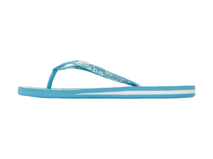 Sandalias tipo flip-flop color turquesa con tira estampada y detalle de línea blanca en la suela.
