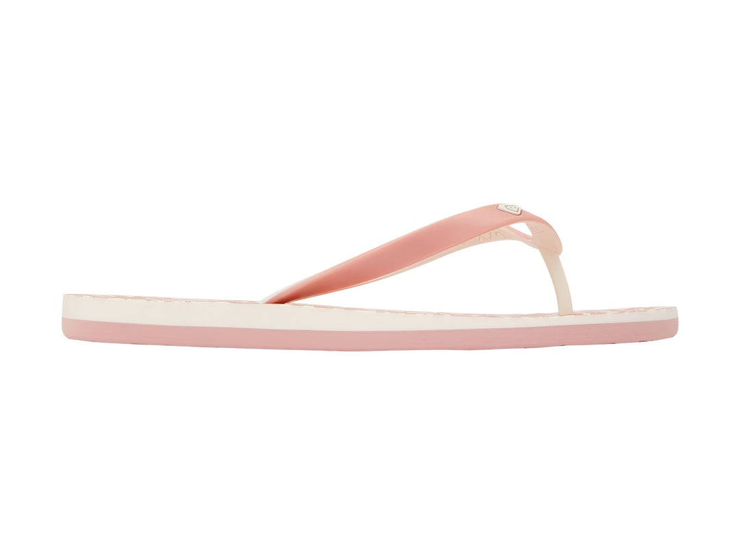 Sandalias tipo flip-flop color rosa pálido con suela blanca y rosa, marca Roxy.