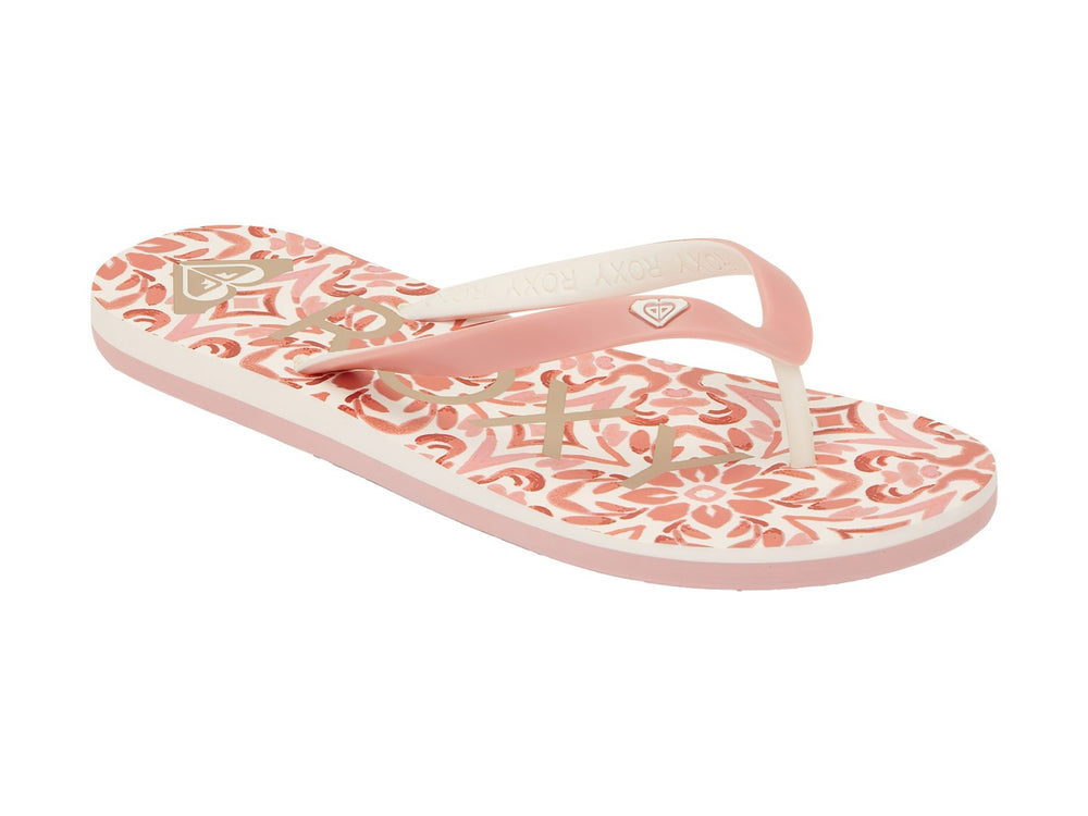 Sandalias tipo flip-flop color rosa pálido con suela blanca y rosa, marca Roxy.