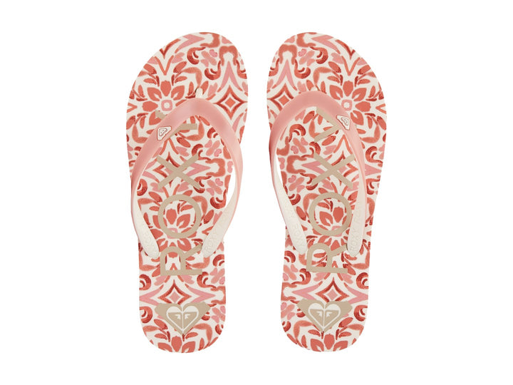 Sandalias tipo flip-flop color rosa pálido con suela blanca y rosa, marca Roxy.
