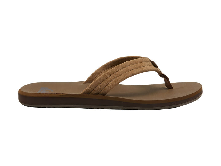 Sandalia de dedo Quiksilver en color tan con correa de gamuza y suela marrón.