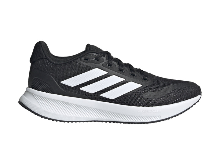 Tenis deportivos Adidas Runfalcon 5 para niños en color negro con franjas y suela blanca.