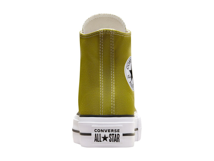 Tenis Converse de bota color verde oliva con suela de plataforma blanca y cordones blancos.