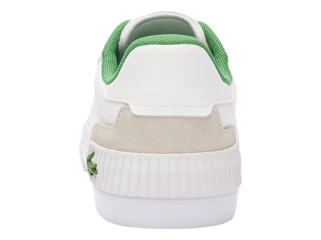 Tenis Lacoste blancos con detalles en verde y beige, suela blanca y cordones, para niños.