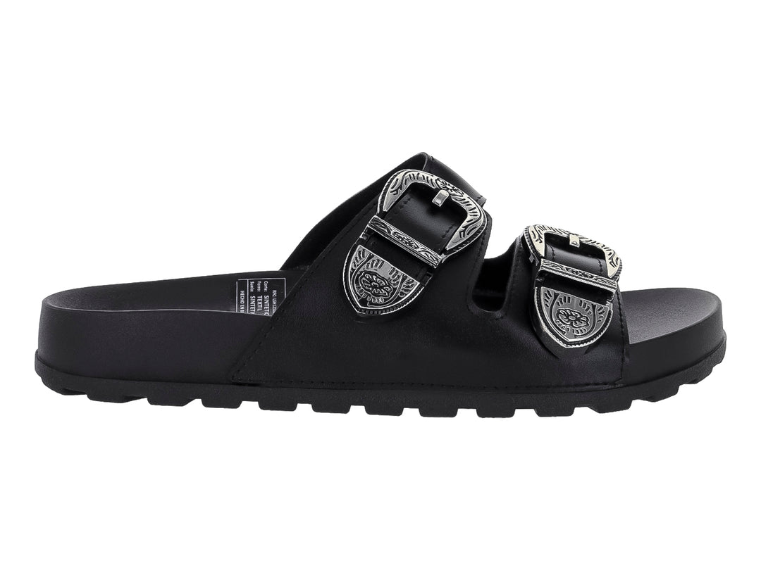 Sandalias negras para mujer con dos hebillas decorativas plateadas.