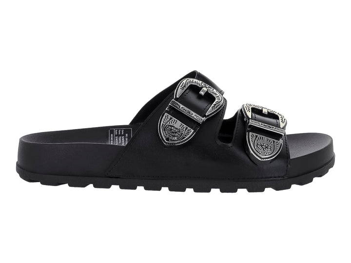 Sandalias negras para mujer con dos hebillas decorativas plateadas.
