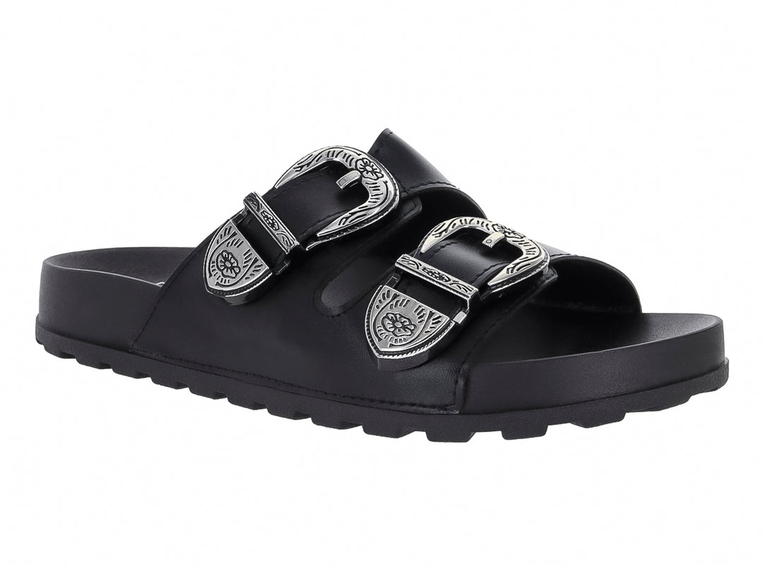 Sandalias negras para mujer con dos hebillas decorativas plateadas.