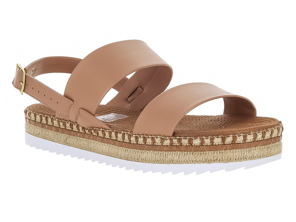 Sandalias Moleca color nude con plataforma de esparto y correa ajustable con hebilla dorada.