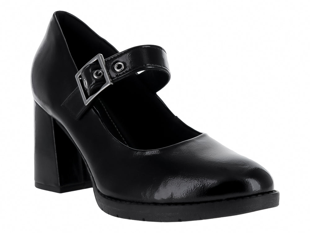 Zapato negro de tacón cuadrado y acabado brillante con correa ajustable sobre el empeine.