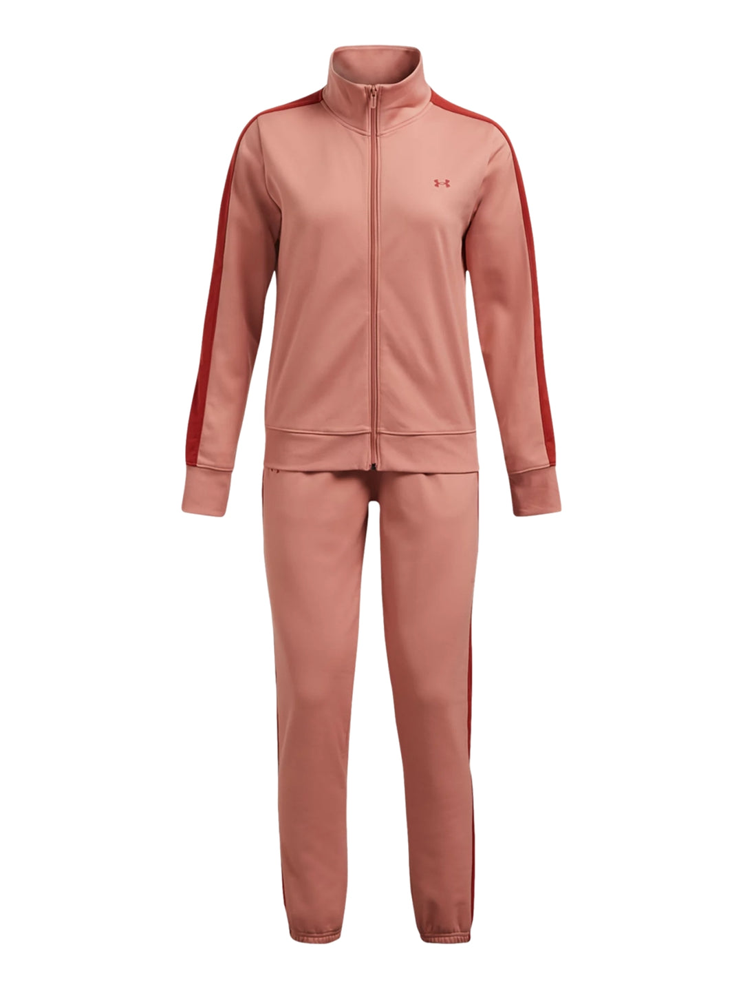 Conjunto deportivo Under Armour rosa con franjas laterales rojas, compuesto por chaqueta y pantalón.