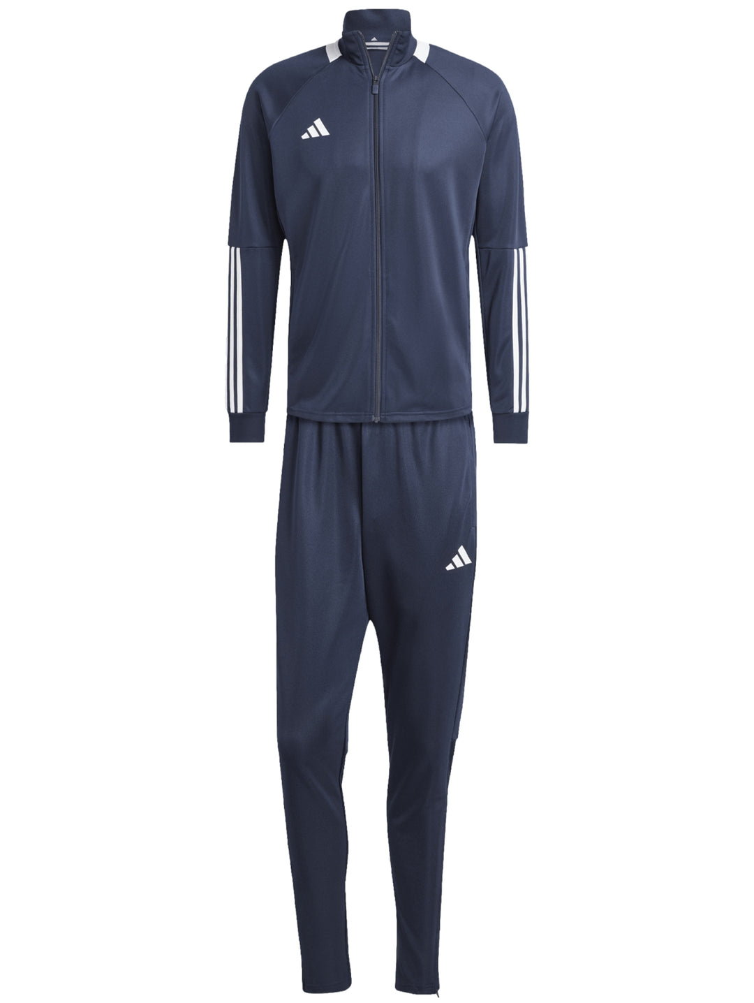 Conjunto deportivo Adidas azul marino con franjas blancas en las mangas y logos blancos.