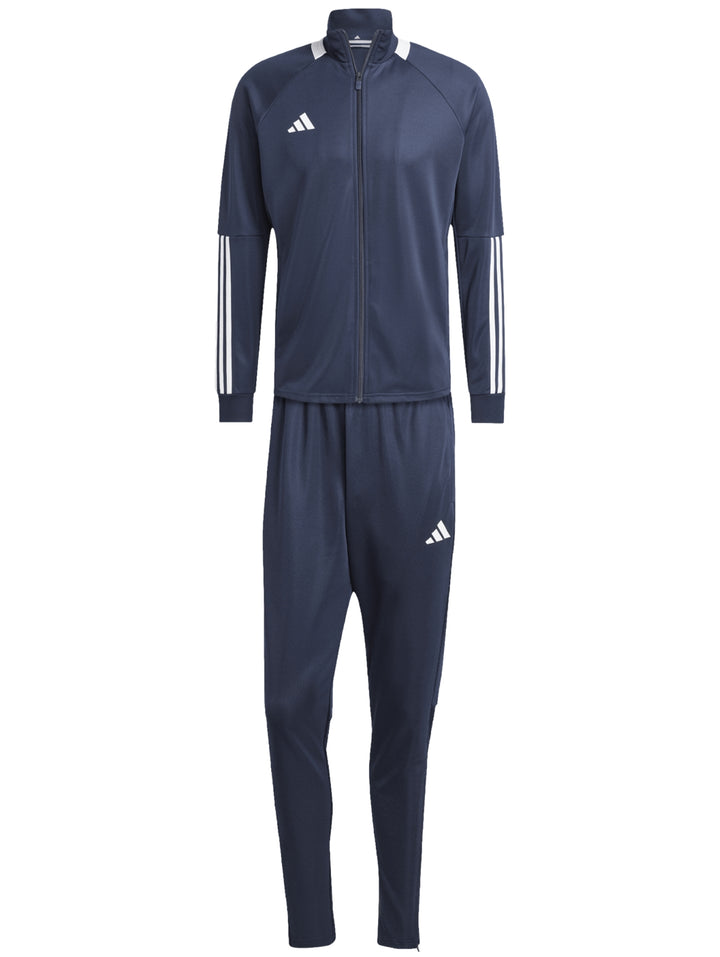 Conjunto deportivo Adidas azul marino con franjas blancas en las mangas y logos blancos.