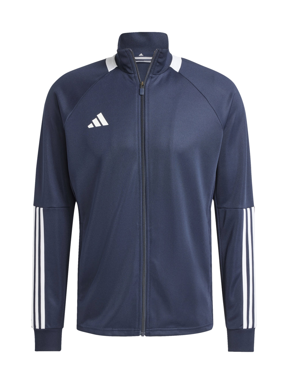 Conjunto deportivo Adidas azul marino con franjas blancas en las mangas y logos blancos.