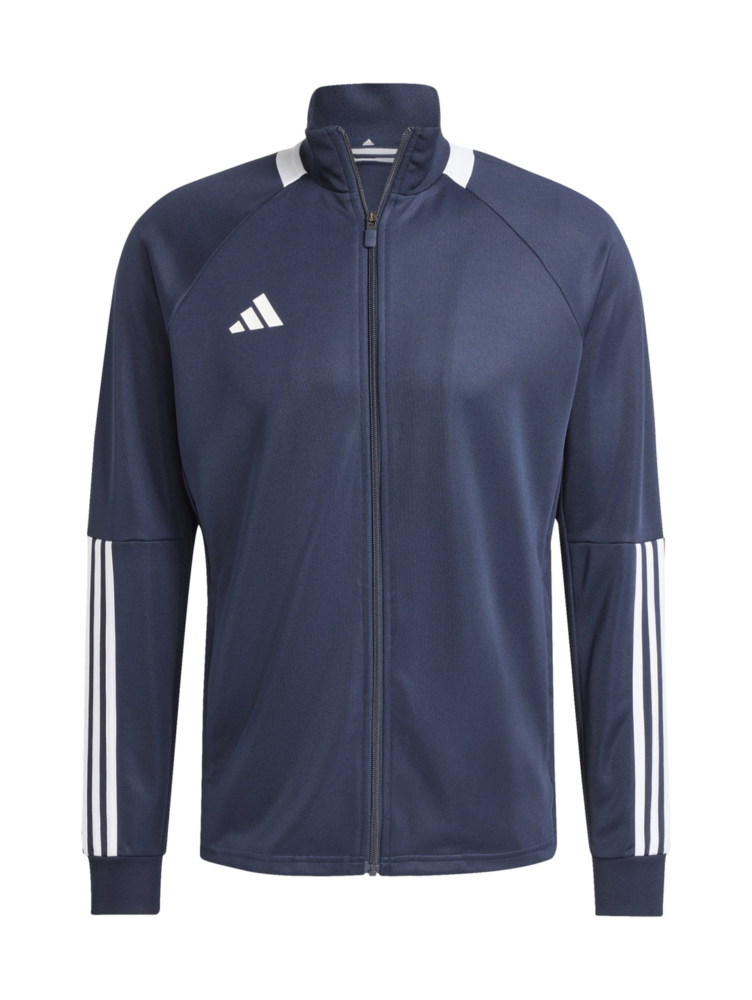 Conjunto deportivo Adidas azul marino con franjas blancas en las mangas y logos blancos.