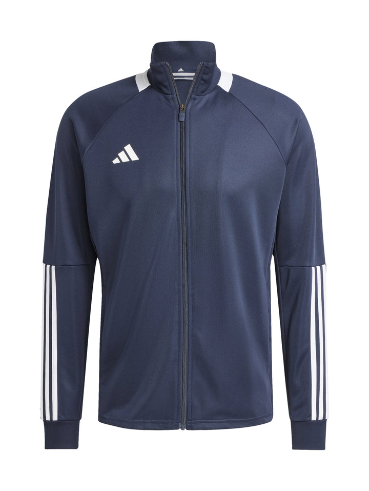 Conjunto deportivo Adidas azul marino con franjas blancas en las mangas y logos blancos.