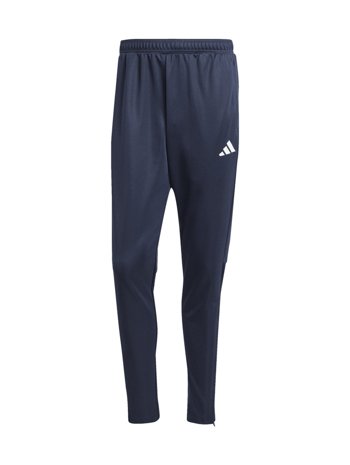 Conjunto deportivo Adidas azul marino con franjas blancas en las mangas y logos blancos.