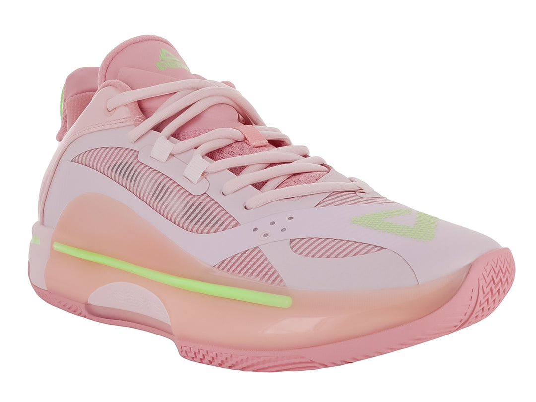 Tenis de baloncesto PEAK color rosa con una línea decorativa en verde lima.