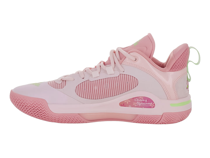 Tenis de baloncesto PEAK color rosa con una línea decorativa en verde lima.