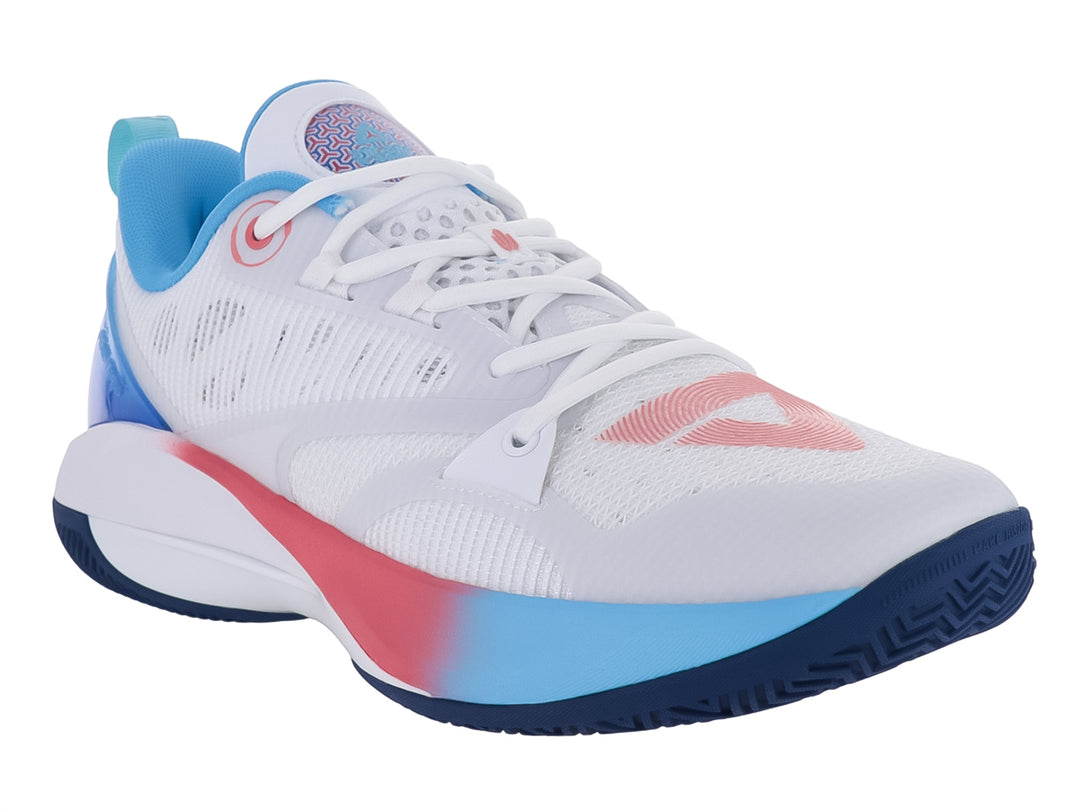 Tenis de baloncesto PEAK en color blanco con detalles en azul tropical y rosa, diseño moderno y deportivo.