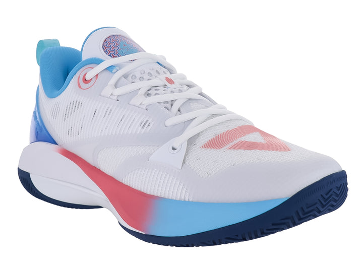 Tenis de baloncesto PEAK en color blanco con detalles en azul tropical y rosa, diseño moderno y deportivo.