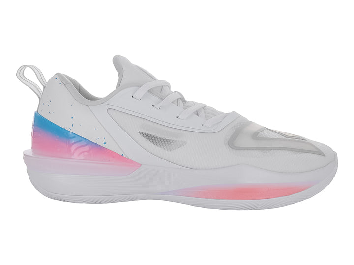 Tenis de baloncesto PEAK Taichi Big Triangle 3 en color blanco con detalles en rosa y azul.