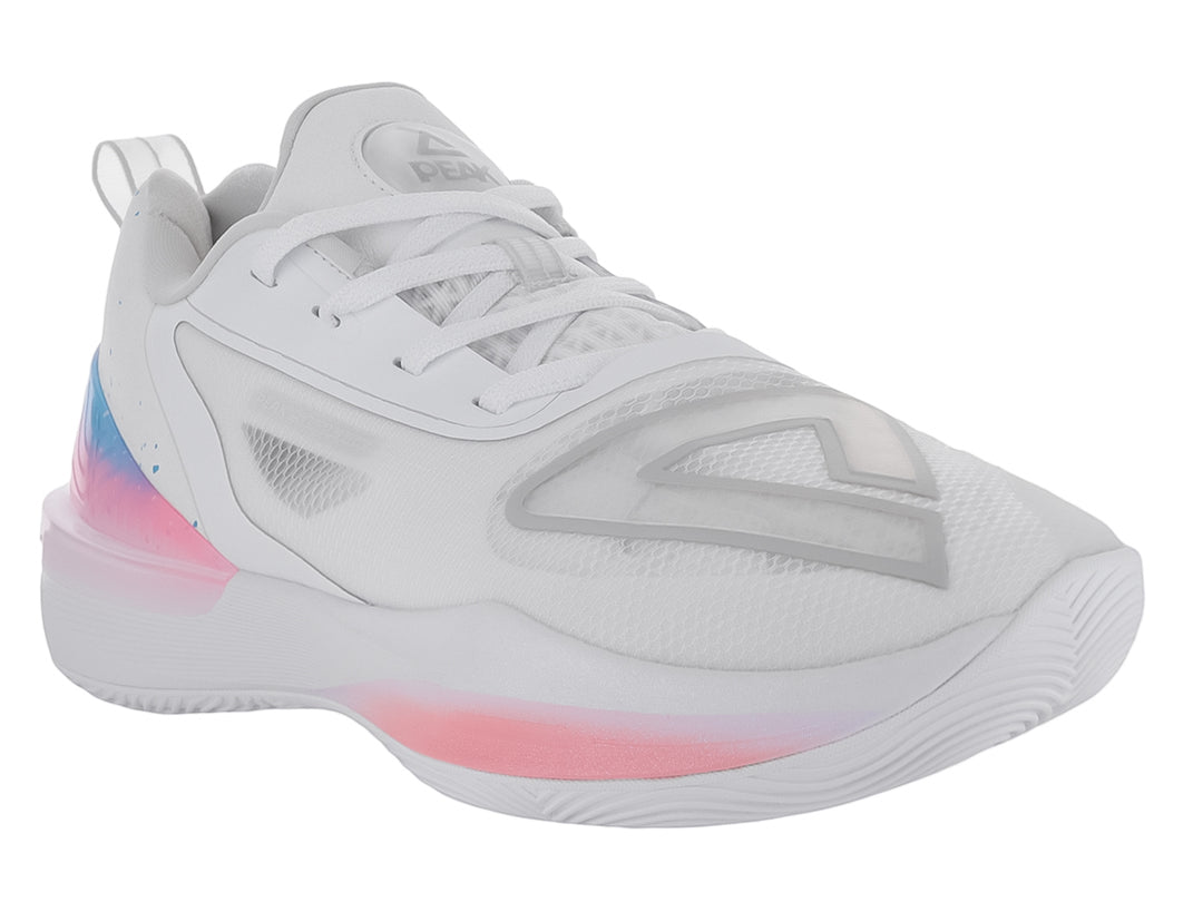 Tenis de baloncesto PEAK Taichi Big Triangle 3 en color blanco con detalles en rosa y azul.