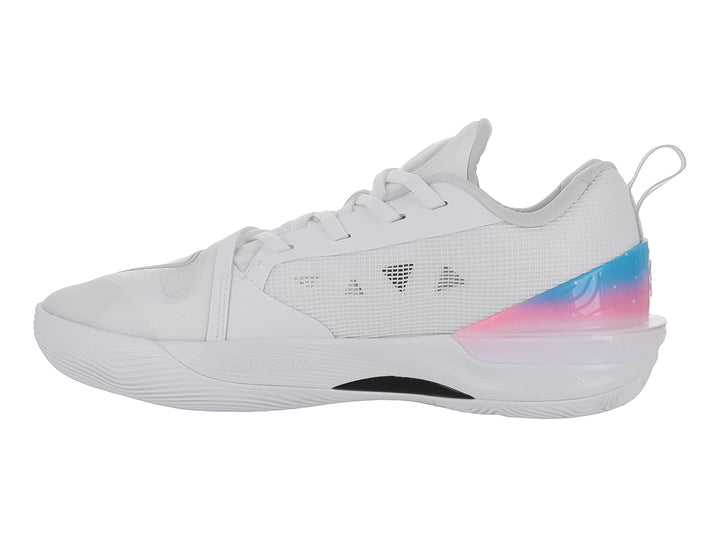 Tenis de baloncesto PEAK Taichi Big Triangle 3 en color blanco con detalles en rosa y azul.