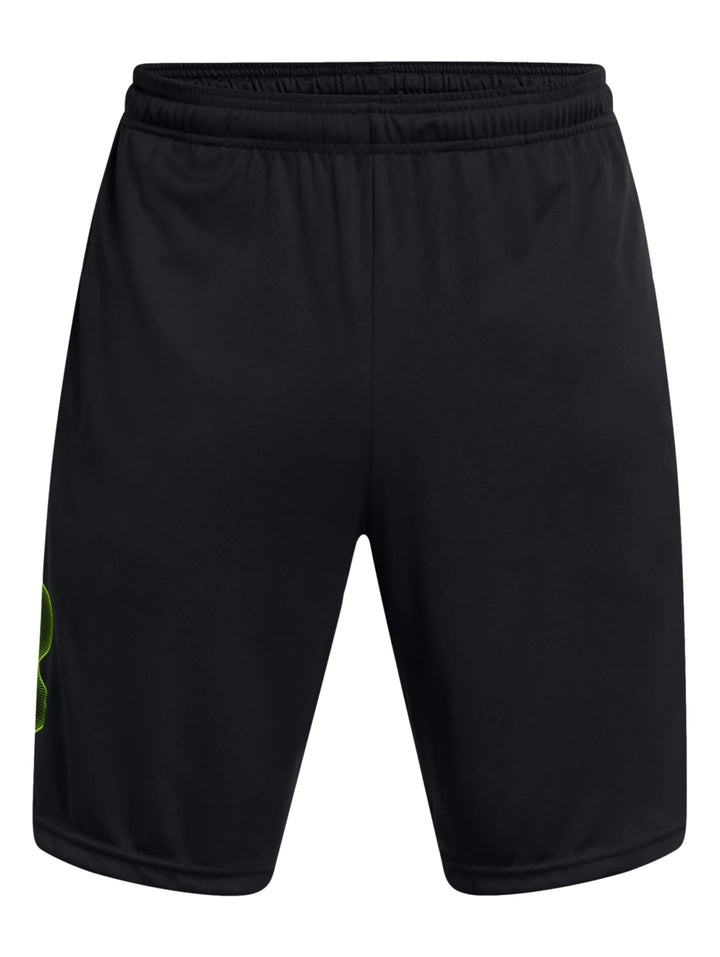 Shorts deportivos negros de Under Armour con logo gráfico en el costado.