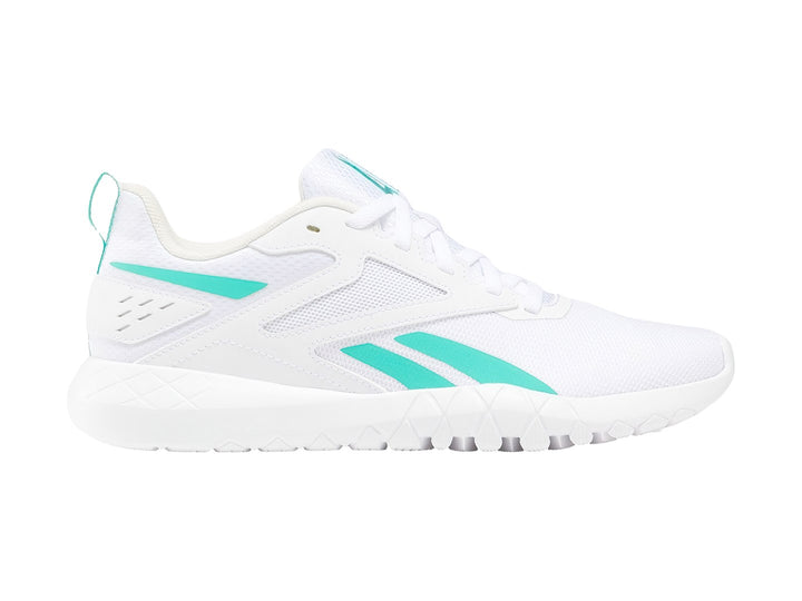 Tenis deportivos Reebok color blanco con detalles en verde agua y suela blanca.