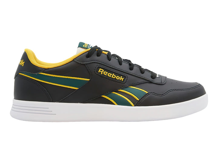 Tenis deportivos Reebok color negro con detalles en amarillo y verde y suela blanca.