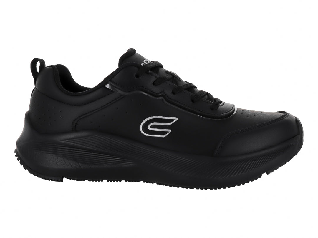 Tenis deportivos color negro con logotipo blanco y suela gruesa.