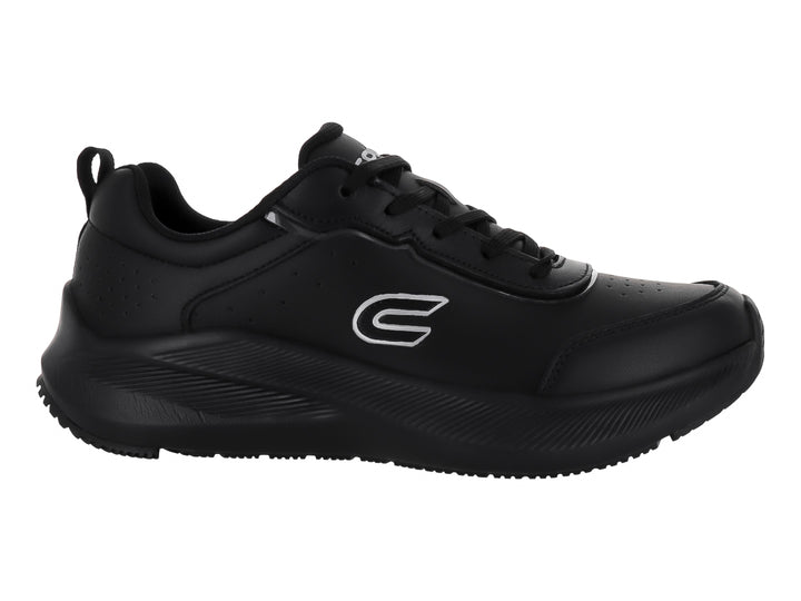 Tenis deportivos color negro con logotipo blanco y suela gruesa.