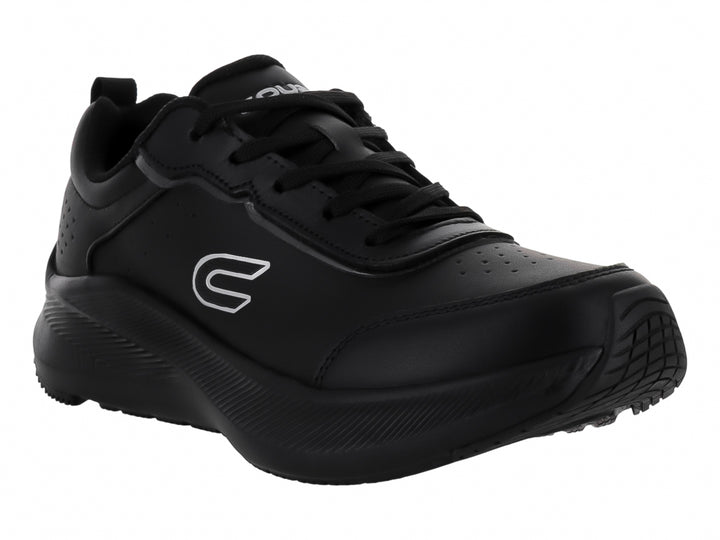 Tenis deportivos color negro con logotipo blanco y suela gruesa.